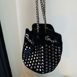 Navy Blue Velvet Studded Bucket Bag